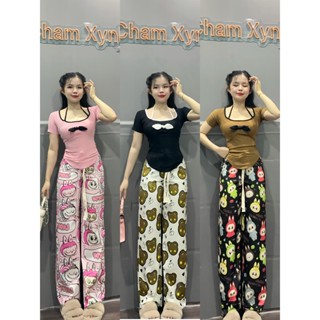 bộ áo thun tăm lạnh phối 2 dây trang trí cái nơ - Quần thun co giản in 3d  - Mã G65 Cho Nữ