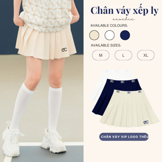 Chân Váy Xếp Li Nữ Ngắn Dáng Xoè ECOCHIC LUX SKIRT ESSENTIALS Logo Thêu Local Brand Màu Than Trắng Be B037