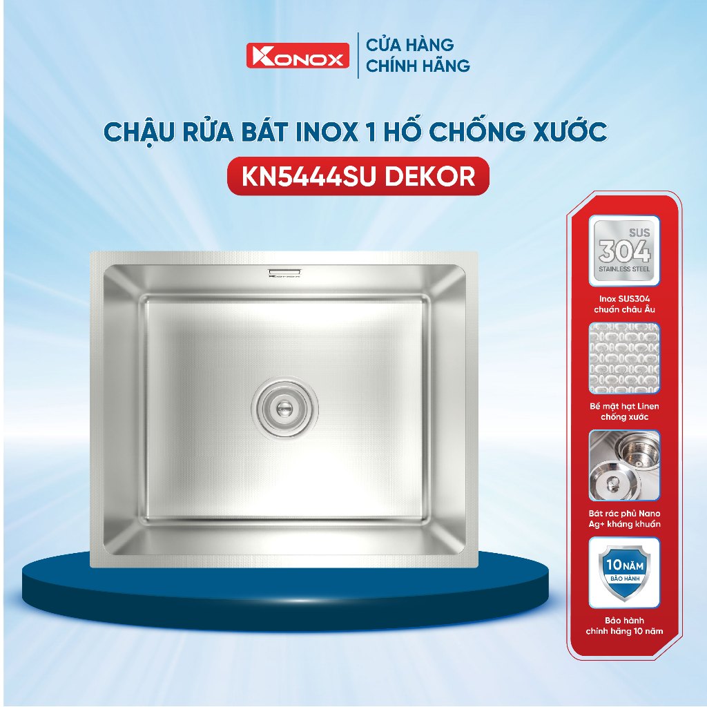 Chậu rửa bát inox 1 hố chống xước Konox KN5444SU Dekor - Bảo hành 10 năm