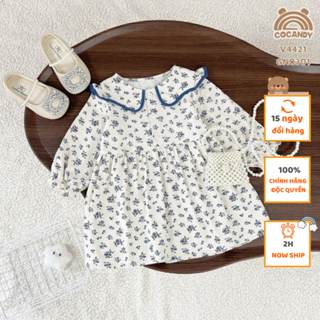 Váy cho bé -Váy dài BE hoa XANH cổ viền XANH cho bé của COCANDY mã V4421