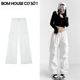 Quần Jogger Nữ Vải Dù Ống Rộng Túi Hộp Cạp Cao Trendy