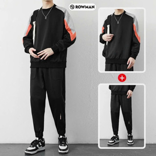  Bộ quần áo dài tay thể thao nam vải cotton chéo dày dặn set đồ thu đông nam nữ cổ tròn phối màu trẻ trung BN12 - ROWMAN 