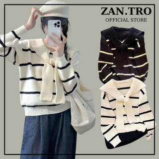  Áo len cổ v thiết kế giả hai mảnh ZANTRO Áo sweater kẻ ngang cổ thủy thủ buộc khăn siêu xinh 316 