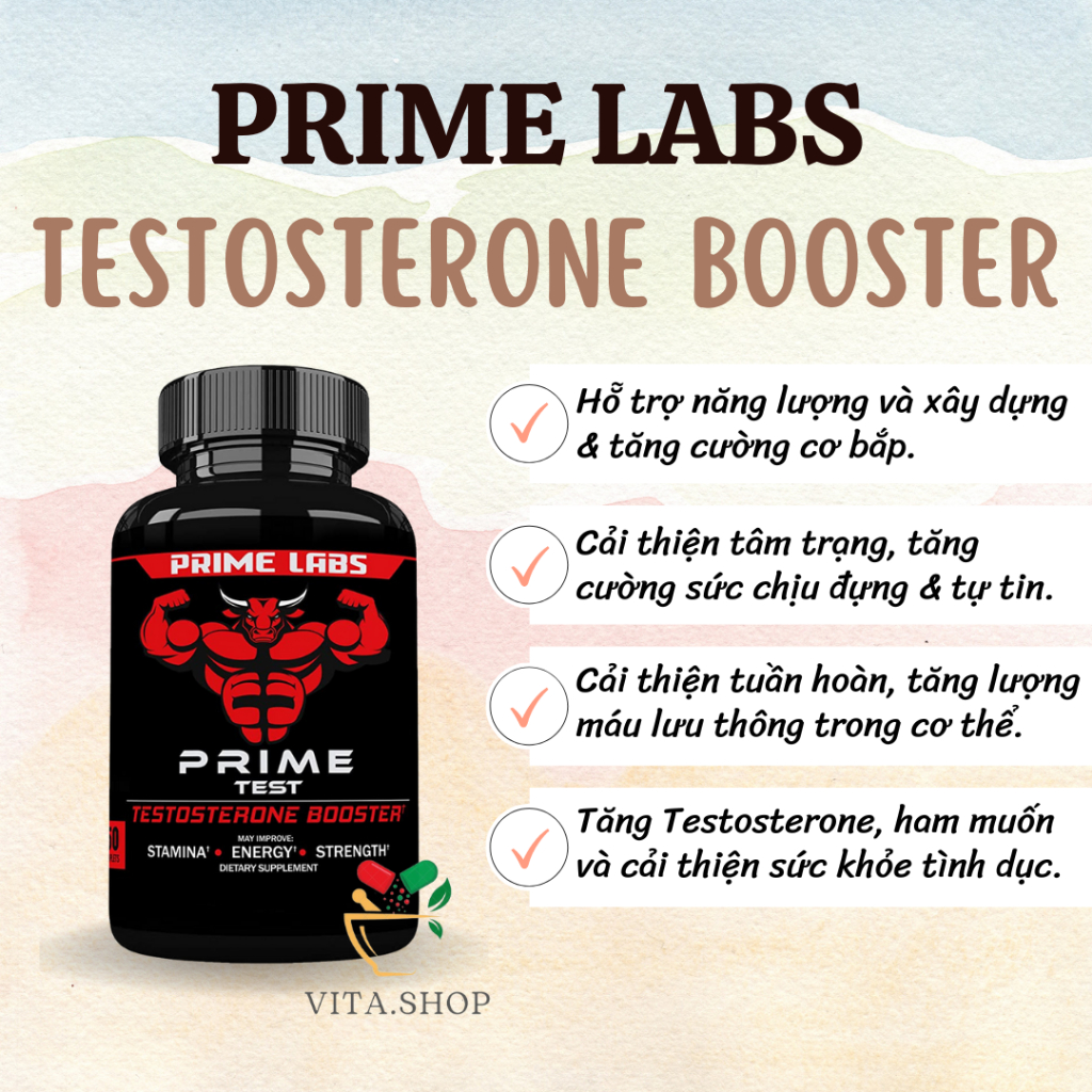 Prime Labs Men's Testosterone Booster Tăng cường thể lực tự nhiên, sức bền và sức mạnh cho nam giới