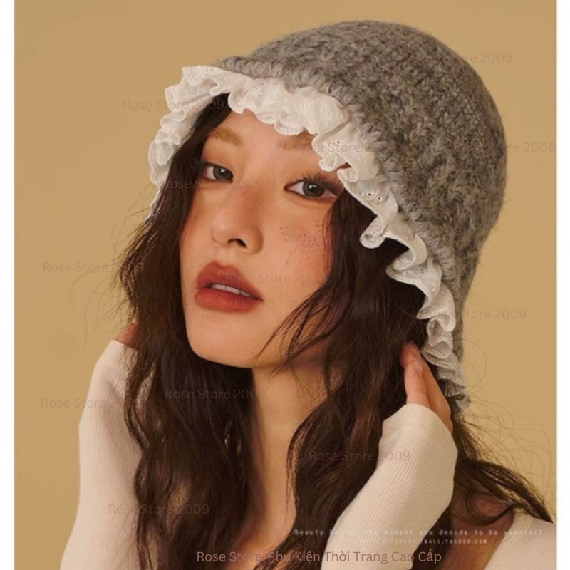RS1119 Mũ bucket Len Vành Tròn ren Phong Cách Retro Nhật Bản _ROSE STORE 2009_ Nón len thời trang ho