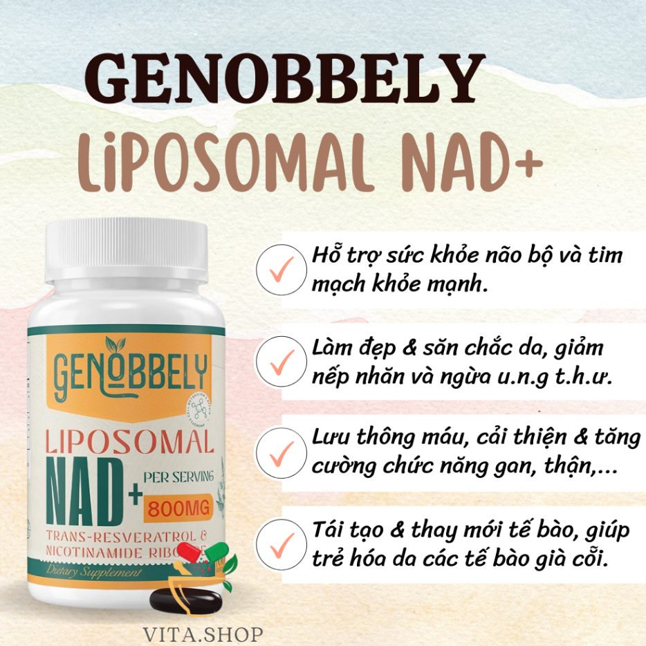 Genobbely Liposomal NAD+ 800mg Viên uống chống lão hóa, sửa chữa tế bào Nicotinamide Mononucleotide