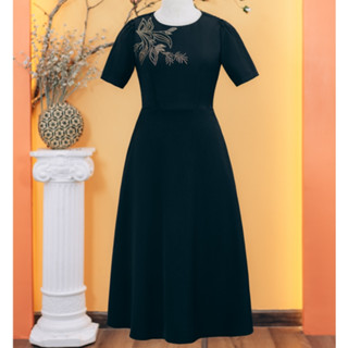 Đầm xòe - Cổ tròn kết cườm tay ngắn - Màu Đen - TTV Store thời trang nữ TTV1738