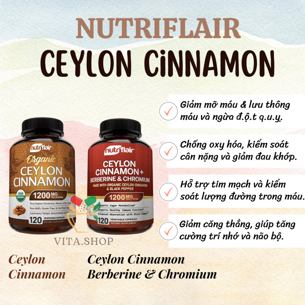 Nutriflair Organic Ceylon Cinnamon 1200mg - Viên uống kiểm soát cân nặng, ổn định đường huyết từ Quế