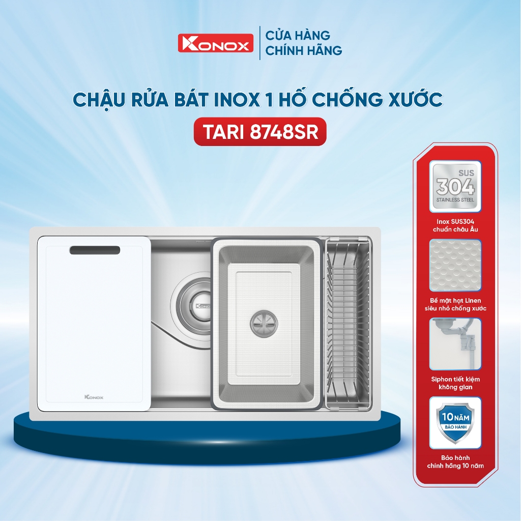 [TẶNG BỘ DAO] Bồn rửa chén inox 1 hố chống xước Phong cách Nhật Konox TARI 8748SR