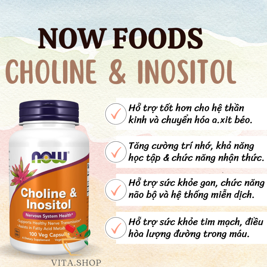 Now Choline & Inositol - Viên Uống Hỗ Trợ Chức Năng Não, Gan, Tim Mạch Và Hệ Thần Kinh Khỏe Mạnh