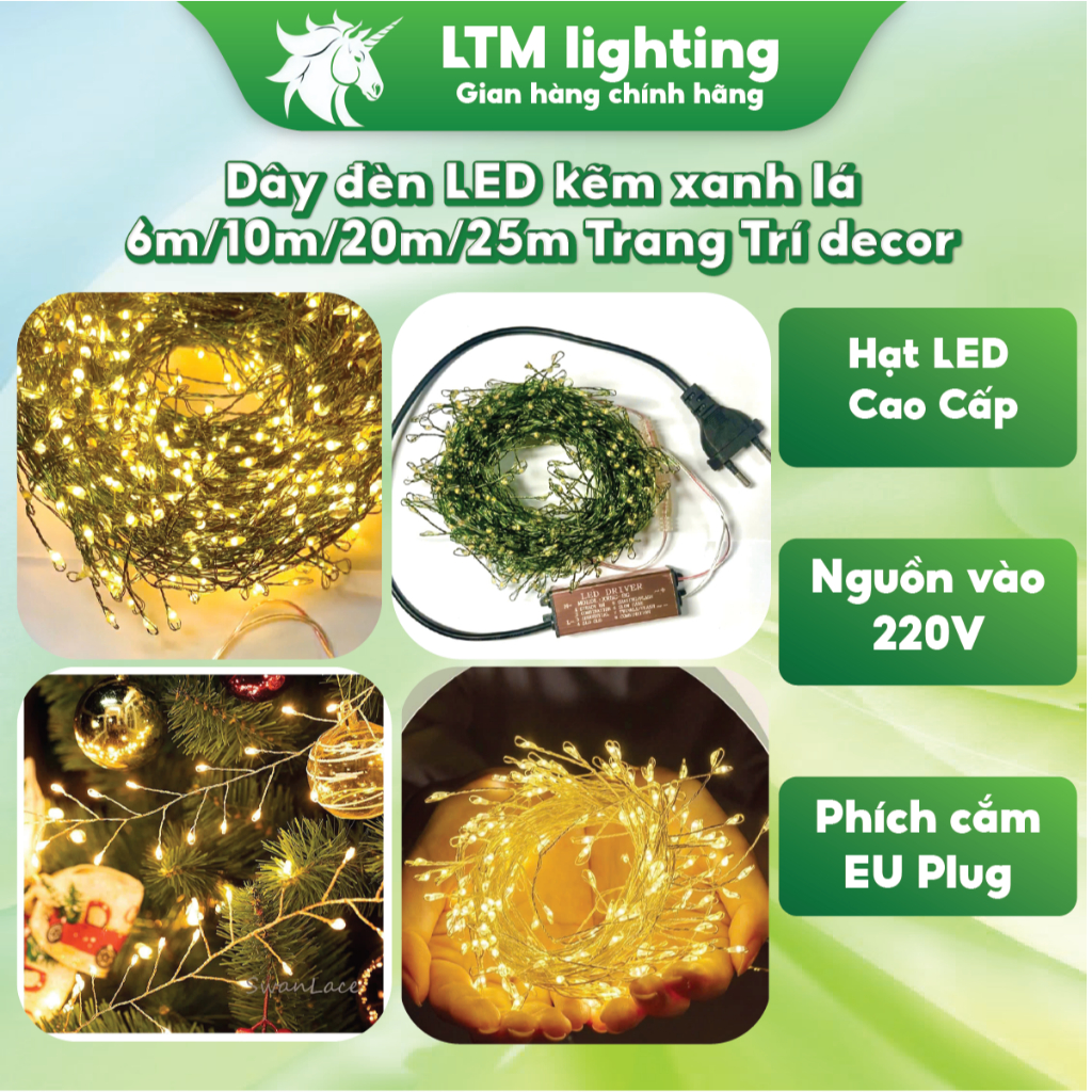  Dây Đèn LED Kẽm Xanh Xương Cá Trang Trí Cây Thông Giáng Sinh Vàng Ấm Chống Nước 6m 10m 20m 25m 50m 