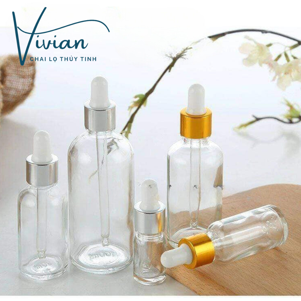 Chai lọ đựng tinh dầu, chai chiết mỹ phẩm thân thuỷ tinh trong suốt nắp bóp khoen vàng và bạc đủ loại dung tích