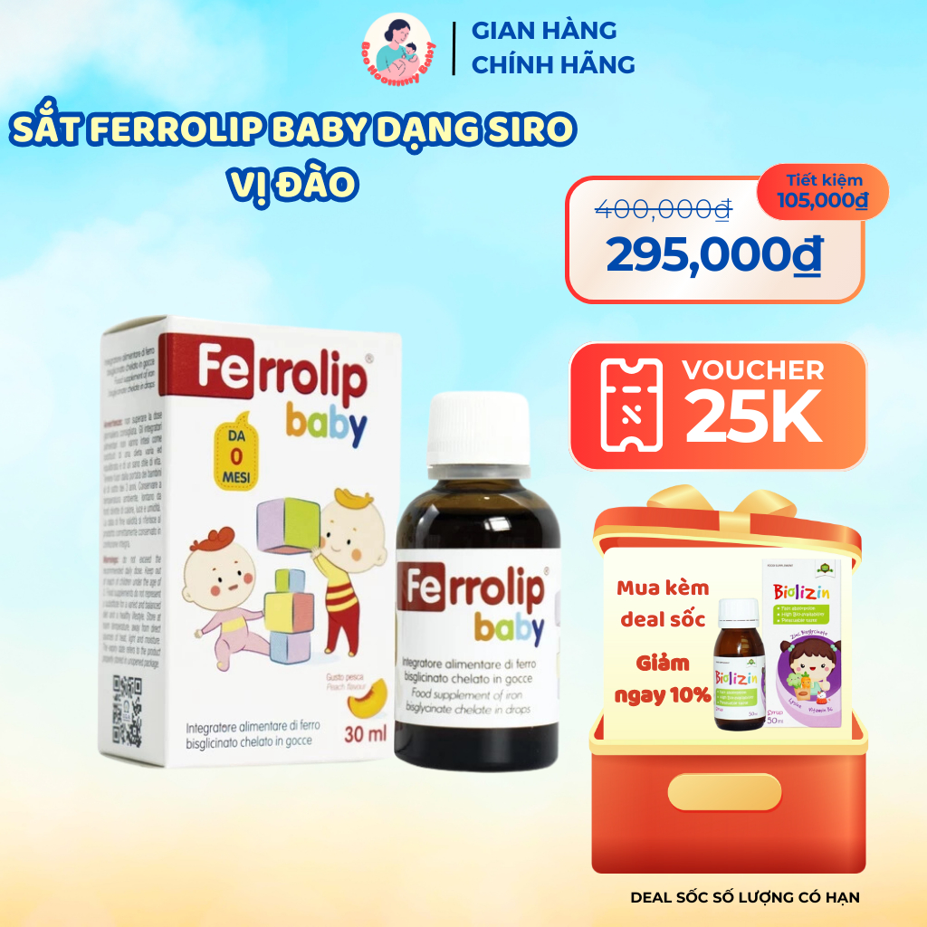 Sắt Ferrolip Baby dạng siro vị đào thơm ngon lọ 30 ml ngăn ngừa thiếu máu do thiếu sắt ở trẻ nhỏ
