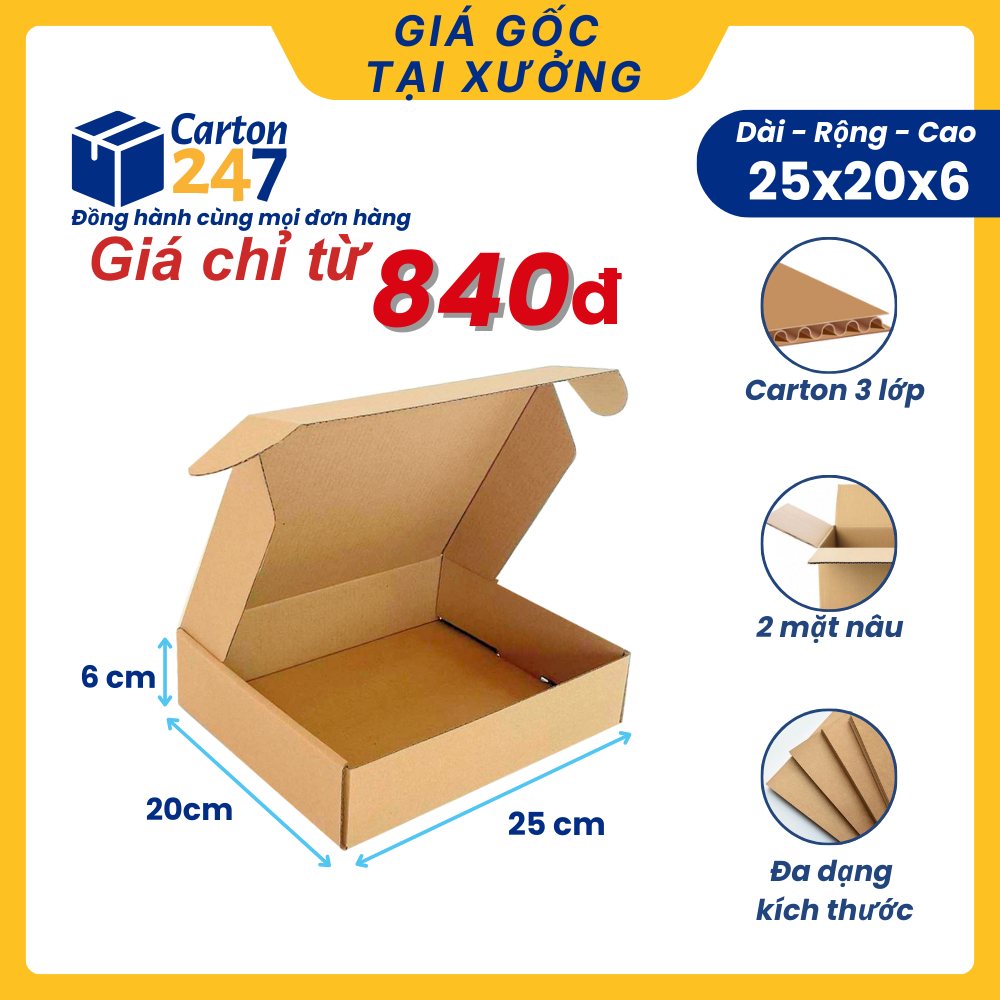 25x20x6 Combo 10 Hộp carton nắp gài, thùng giấy nắp cài đóng hàng quần áo, phụ kiện - Carton 247