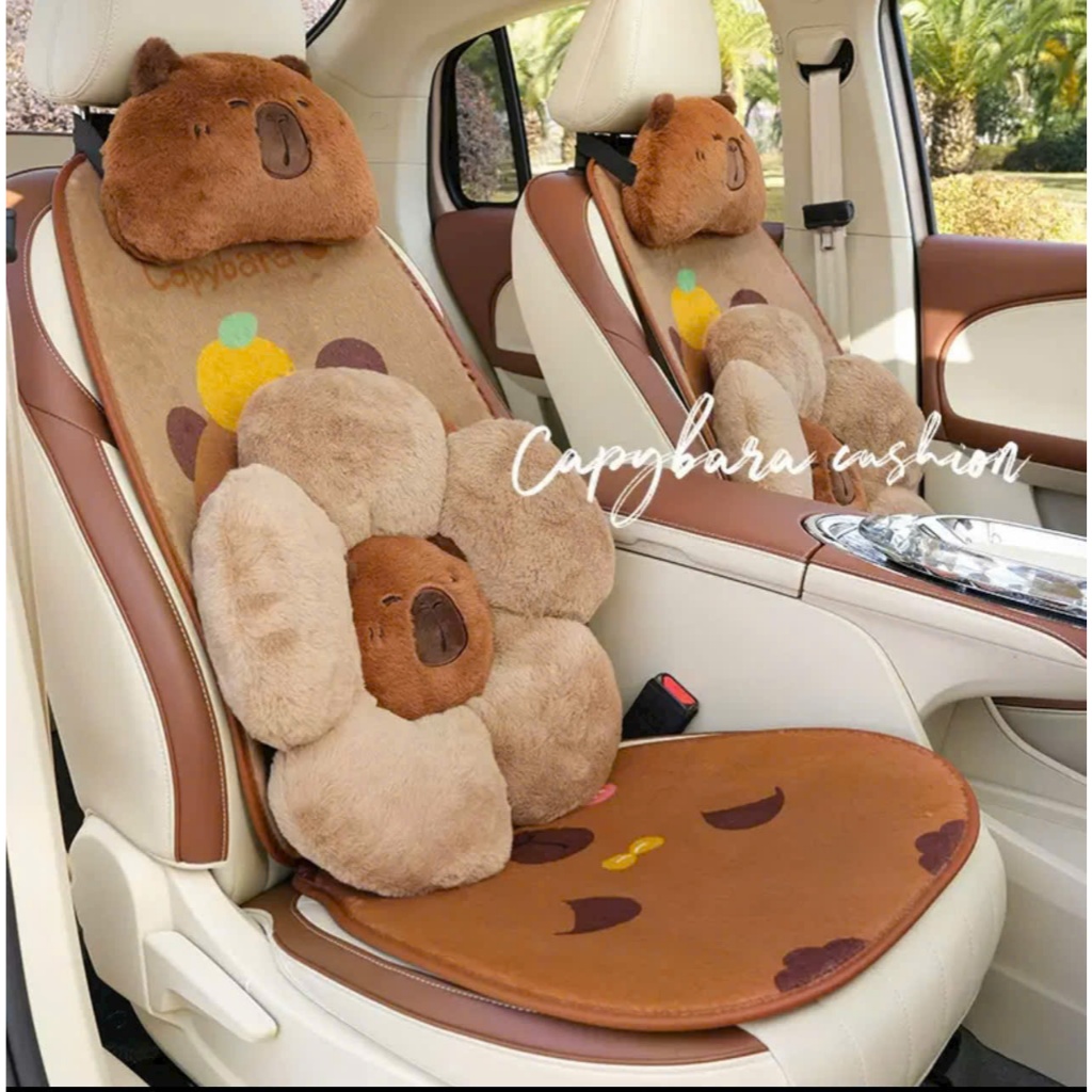 Bộ tựa đầu tựa cổ ô tô Capy bara Bộ tựa trang trí ghế ô tô màu nâu hoạt hình Tựa đầu tựa lưng ghế ô 