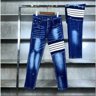 quần jean nam dài DSQ xanh rách thêu vá khuyết tật mẫu mới cá tính, chất jean dày mềm dãn tốt ống bó nhẹ.