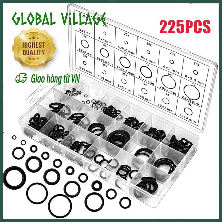 Bộ 225 Chiếc Vòng Chữ O Cao Su Nitrile Màu Đen Có Hộp, Vòng Đệm Dầu Các Loại Vòng Đệm Vòng Đệm Ống Nước