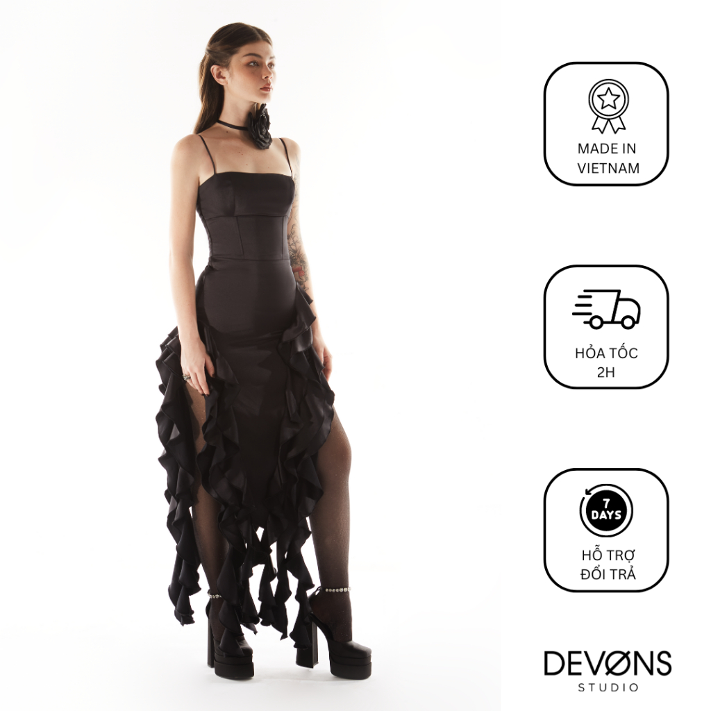 DEVONS STUDIO Đầm Lụa Hai Dây Đen - Black Orchid Dress