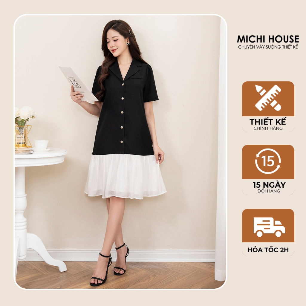 Đầm Suông MICHI House Váy Xuông Đuôi Cá Công Sở Cổ Vest Chữ V Dài Đến Gối V741