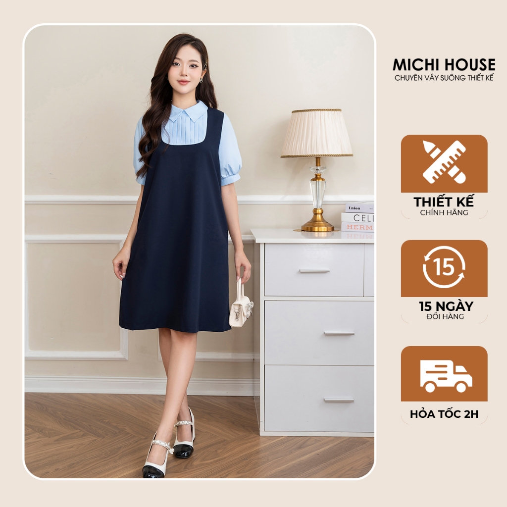 Đầm Suông MICHI House Váy Xuông Công Sở Cổ Sơ Mi Dáng Ngang Gối Màu Xanh V746