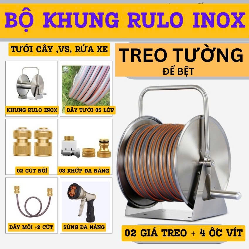 Bộ khung rulo INOX cuộn dây ống nước tưới cây, rửa xe, vệ sịnh TREO TƯỜNG, LẮP ĐẶT DỄ DÀNG, khung cu