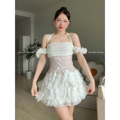 (Bán lẻ sp) Signi Set Wonderhouse Chân váy áo trễ vai dự tiệc dạo phố nữ tính chất vải dày dặn sang chảnh