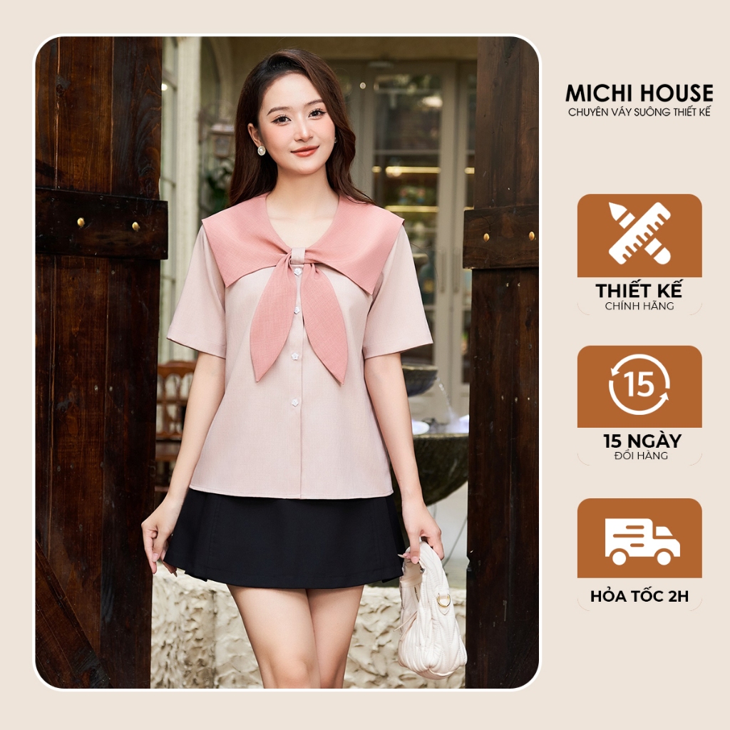 Áo Kiểu MICHI HOUSE Áo Dáng Suông Tay Ngắn Cổ Phối Nơ Thanh Lịch A89