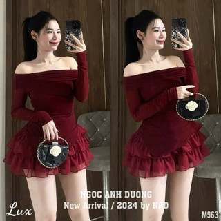  SET ÁO BỆT VAI TAY DÀI VẠT NHỌN CHÂN VÁY VOAN TẦNG 