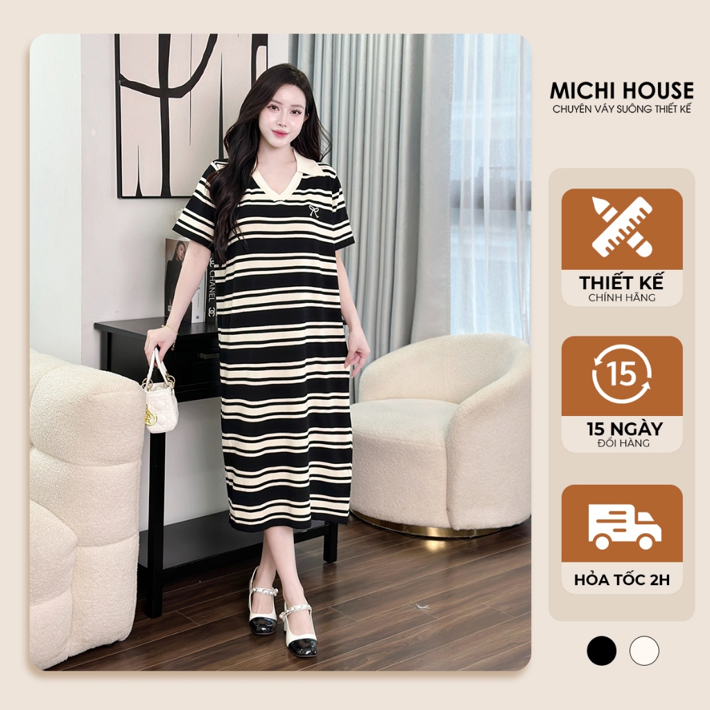 Đầm Suông MICHI House Váy Xuông Kẻ Sọc Cổ Polo Dáng Dài Freesize K163
