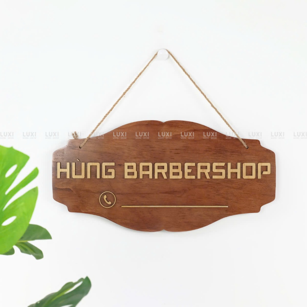 Bảng tên shop + số điện thoại (dán chữ gỗ nổi sang trọng)