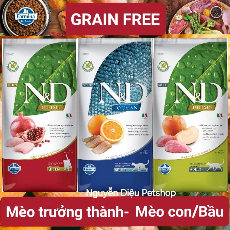 Bao 10kg-5kg Hạt N&D Farmina NnD Natural and Delicious mèo Gà Lựu Prime Ocean Herring Wild Boar Apple
