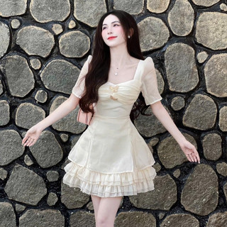 Váy Nữ Thiết Kế Tơ Nhún Bèo Tay Bồng Chiết Eo Dáng A Xòe Tầng Kèm Tag Tiểu Thư Sang Chảnh