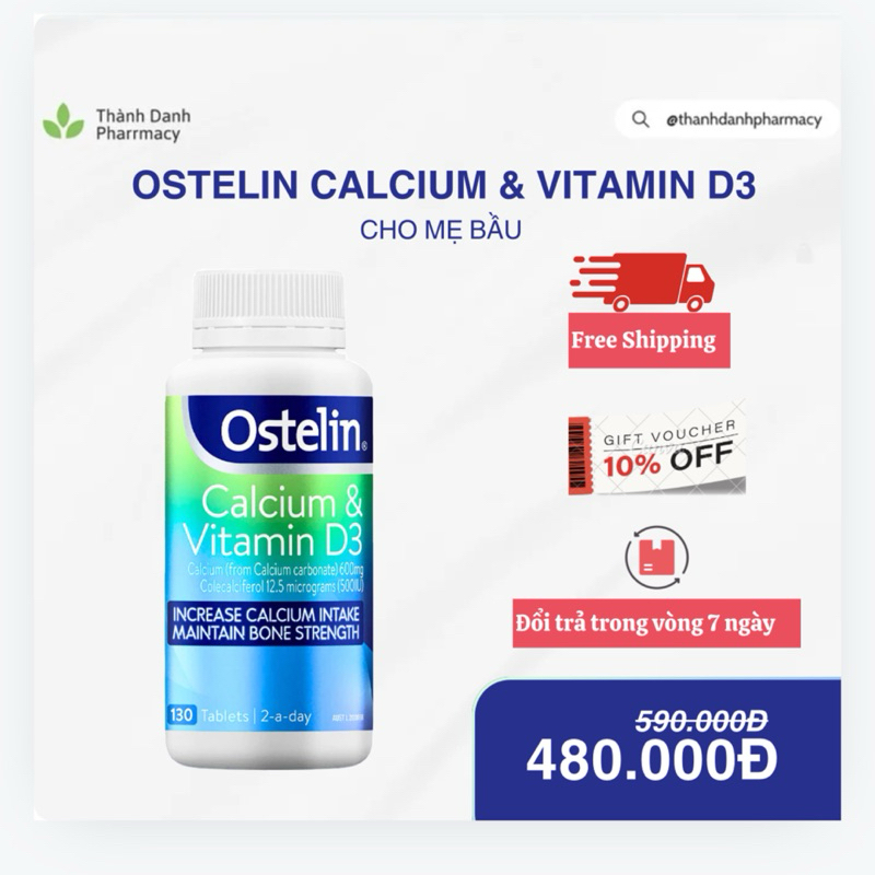 Viên uống bổ sung Canxi và Vitamin D3 cho mẹ bầu Ostelin Calcium & Vitamin D3 130 viên Úc