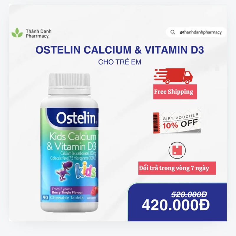 Canxi khủng long cho bé 90 viên Ostelin bổ sung vitamin D và canxi Vitamin D & Calcium Ostelin Kids