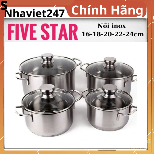 [ XẢ KHO ] Nồi Inox Fivestar-3 Đáy-lắp kính-đáy Từ 16-24cm-sáng bóng-bền,đẹp-Chính Hãng BH5 Năm