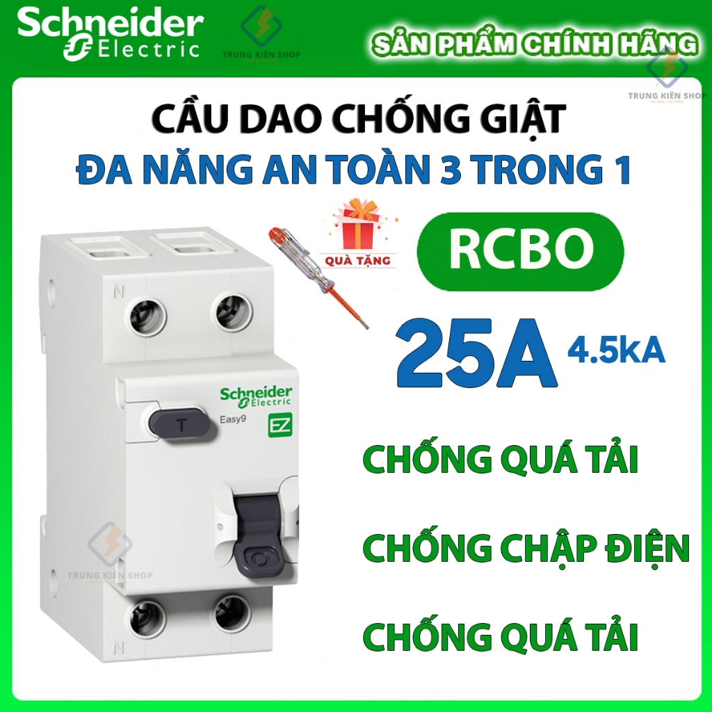 [Schneider] Cầu dao Chống Giật RCBO Schneider Easy9 2P 25A - 30mA loại đa năng - siêu nhạy - test gi
