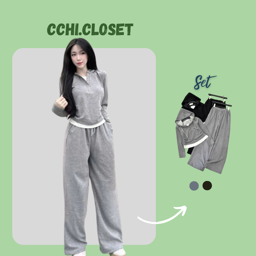 Set Áo Thun Dài Tay Gắn Mũ Chất Thun Tăm Nhung Phối Viền Trắng Phối Quần Xuông Dài, Đồ Bộ Thu Đông T105