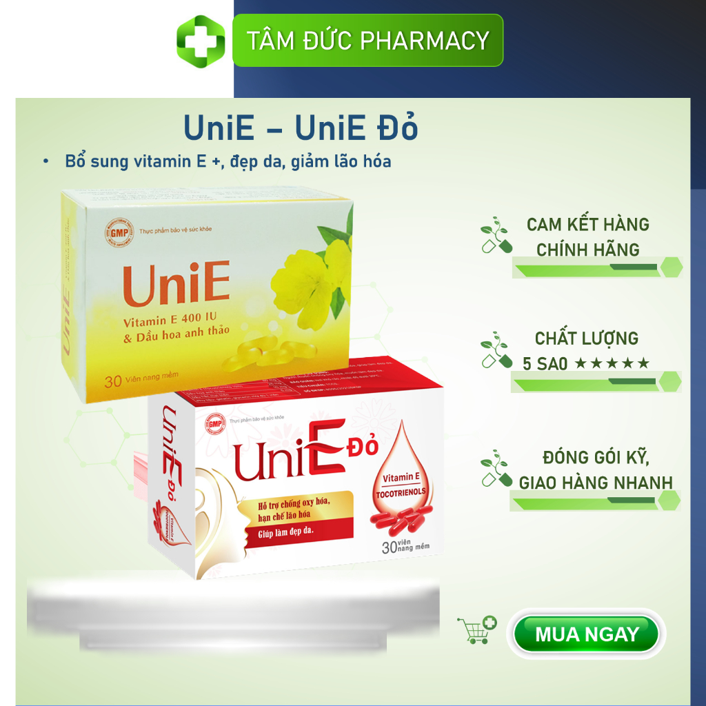 UniE 400UI - UniE đỏ [Hộp 30 viên] - Bổ sung Vitamin E đỏ và dầu hoa anh thảo [enat 400/ uni e]