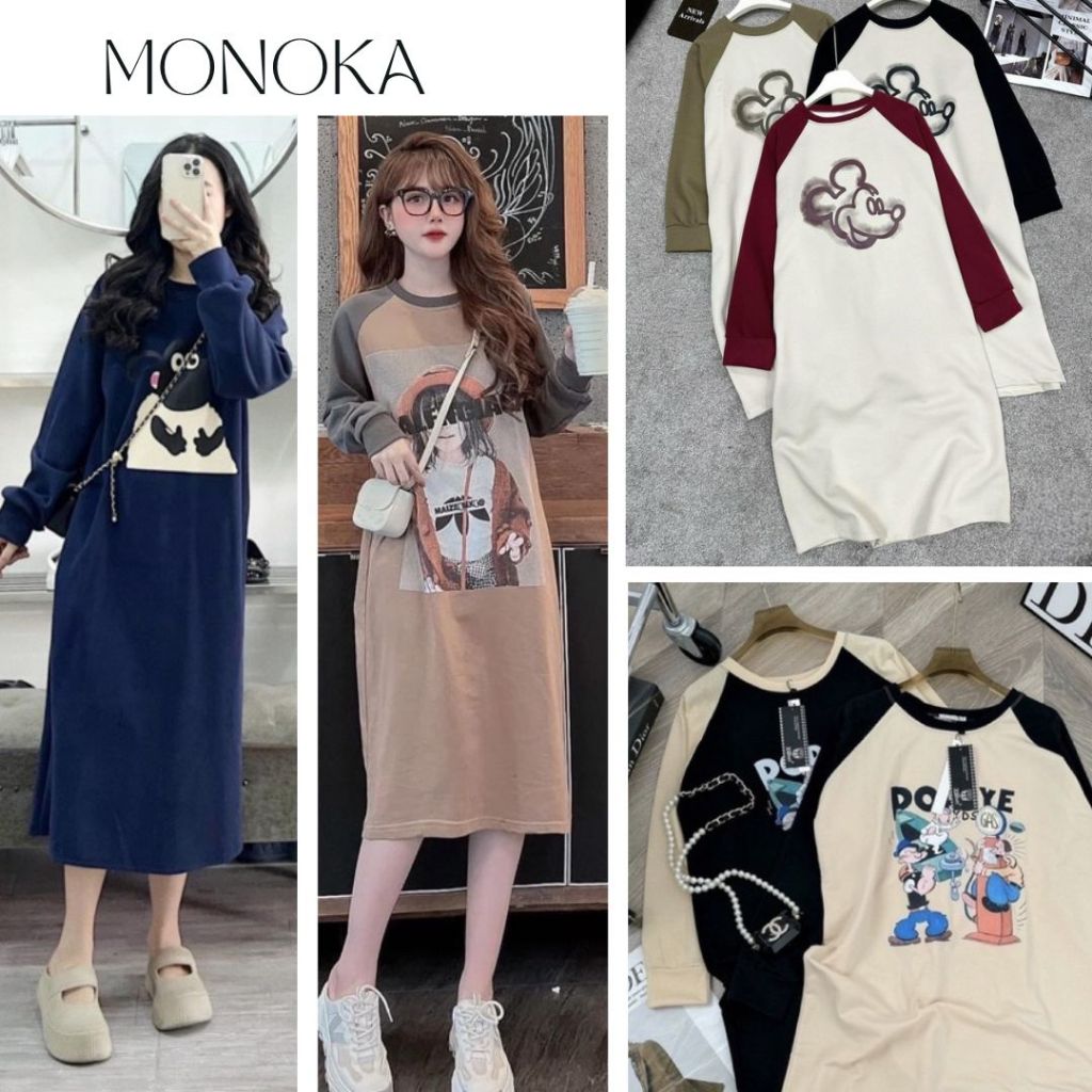 ( nhiều họa tiết ) Váy thun dài tay form rộng cổ tròn bigsize Đầm bầu dáng to oversize thu đông dáng dài T601G MONOKA