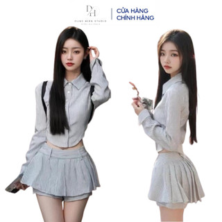  Set áo sơ mi kẻ sọc dài tay kèm quần váy xếp ly DH STUDIO Set đồ nữ sang chảnh đi học đi chơi hottrend Douyin 