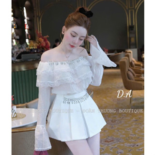 Set đồ nữ tiểu thư sang chảnh áo trễ vai dài tay đính đá phối chân váy xếp ly xòe ngắn thiết kế dự tiệc sự kiện LONA