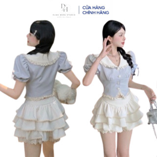 Set đồ nữ dễ thương ulzzang đi dự tiệc đi chơi đi học DH STUDIO Set áo tiểu thư tay phồng cổ sen mix chân váy xếp tầng