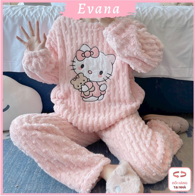 [EVA11- Hàng Đẹp] Bộ Đồ Lông Giữ Nhiệt, Bộ Ngủ Lông Hello Kitty, Bộ Ngủ Nữ Lông Ủ Kem.