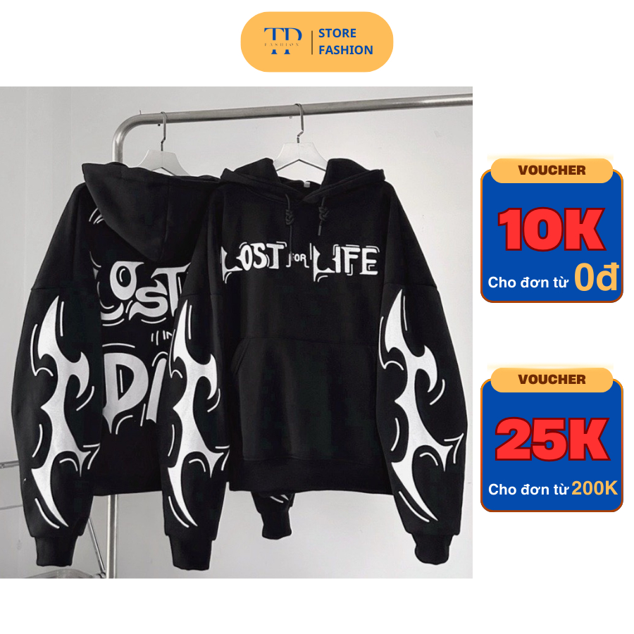Áo khoác hoodie nỉ dày dặn in logo LOST LIFE form mũ rộng dày unisex mẫu mới dành cho nam và nữ TP S