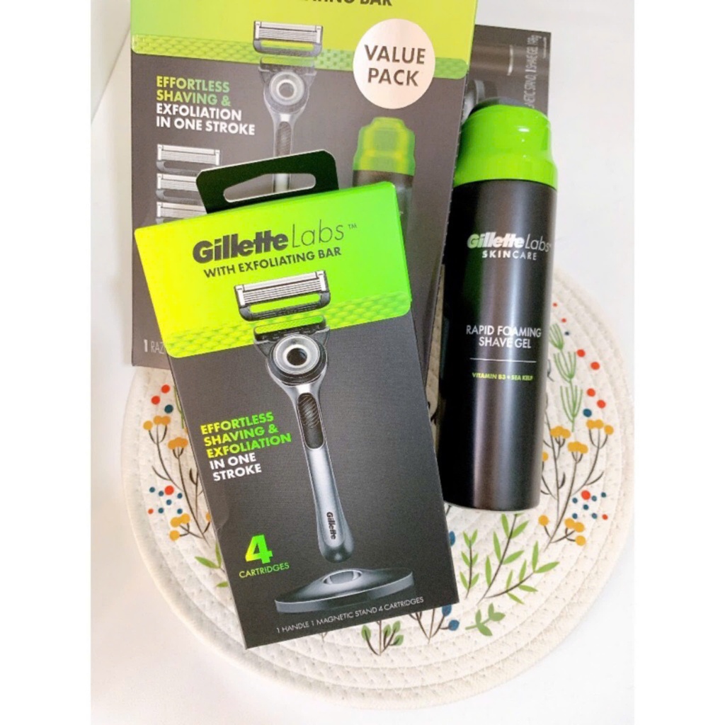 [Bill Mỹ] Set Dao Cạo Râu Gillette Labs With Exfoliating Bar + 1 Chai Gel Cạo Râu.