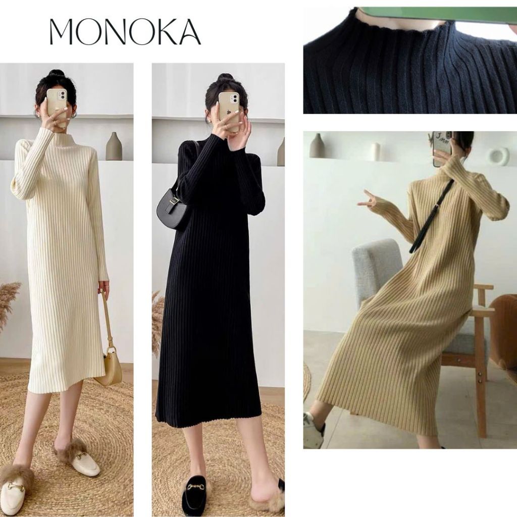 Váy len cổ 3p dài tay dáng suông dài Đầm cao cổ chất len gân to bầu dáng rộng thu đông ấm áp T606G MONOKA