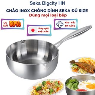Chảo Inox Chống Dính Seka For Your Health Sâu Lòng Size 22,24,26cm Dùng Cho Mọi Loại Bếp, Tặng Kèm Vỉ Gác Dầu