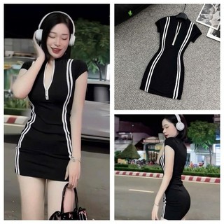 Váy body thun gân phối nút vạt bầu 4 màu cá tính alohashop91