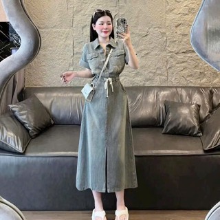 Đầm jeans quảng châu cao cấp hot girl áo cổ sơ mi có túi váy xẻ tà có dây thắt rút eo thời trang nữ 2024