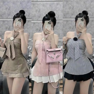 [FREESHIP] Set áo sơ mi cổ yếm hoa hồng phối chân váy xếp ly dành cho các nàng mang đi chơi, đi tiệc QC🌹